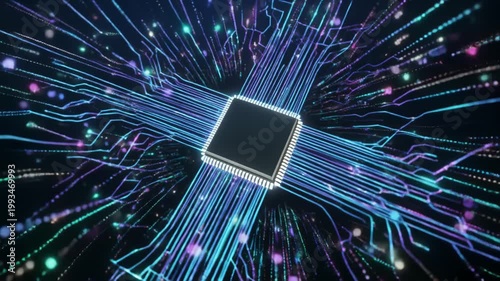 半導体チップから光粒子が広がる未来型人工知能データ拡散背景