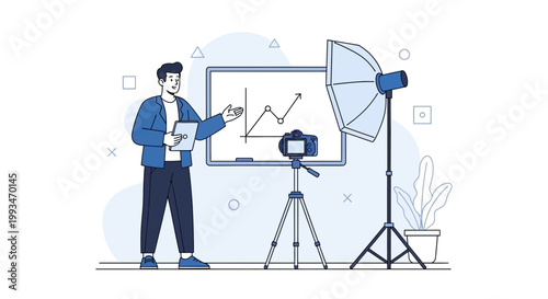 Man presenting on whiteboard with camera and lighting setup for video recording