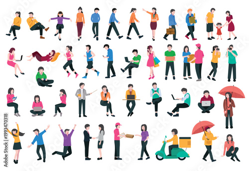 Large collection of diverse people in various activities and poses.
