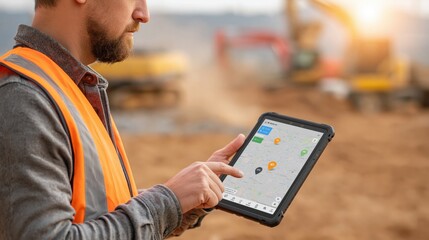 Construction supervisor uses rugged tablet to check site progress with GPS tracking