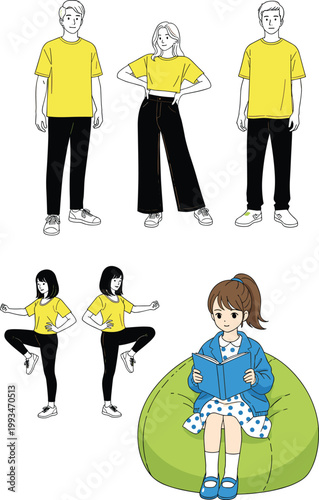 Casual young people in yellow shirts standing posing exercising and girl reading book on bean bag chair cartoon vector illustration set