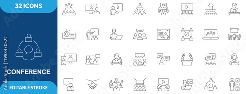 Seminar and Conference Icon Set. Containing Presentation, Meeting, Speaker, Audience, Webinar, Workshop, Event, Business, Communication, Training and More. Line Icon. Editable Stroke. Vector file