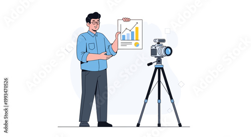 Man presenting business growth chart on video call with camera on tripod