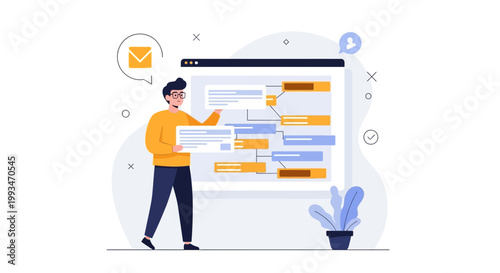 Man presenting business flowchart on screen, email icon, project management concept