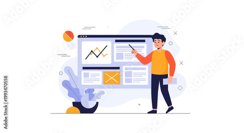 Man presenting business analytics on a digital dashboard with charts and graphs