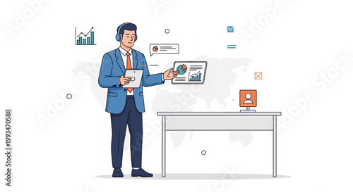 Man presenting business analytics data with charts and graphs on screen