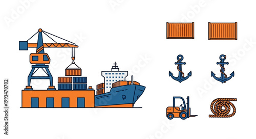 Cargo ship with crane and anchors.