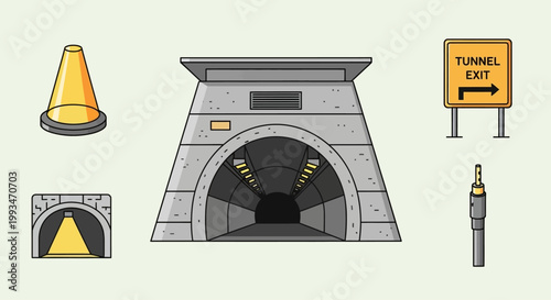 Tunnel exit road sign and cone.