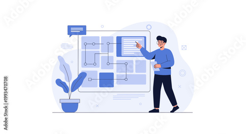 Man pointing at flowchart on screen, business strategy, planning, presentation, teamwork