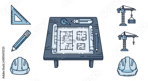 Construction blueprints and safety equipment.