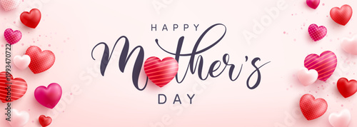 Happy mothers day greeting banner with pink background and realistic decorative red hearts.