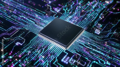 発光粒子が奔流する半導体チップ中枢の人工知能ネットワーク背景