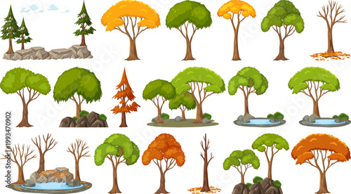 Diverse tree collection showing seasonal changes with green yellow and bare branch stages.