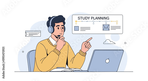 Man planning study online with laptop and headphones, virtual learning concept