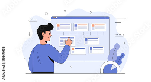 Man Planning Project on Digital Timeline Board, Business Strategy and Workflow