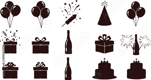 Birthday party celebration elements, gifts, balloons, cake, and fireworks.