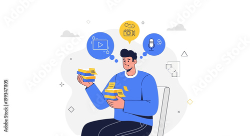 Man planning content creation with video, photo, and podcast icons