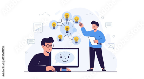 Teamwork and Innovation: People Brainstorming Ideas with Lightbulbs and Computer
