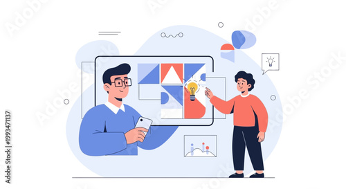 Teamwork and Innovation: People collaborating on a digital board with a bright idea