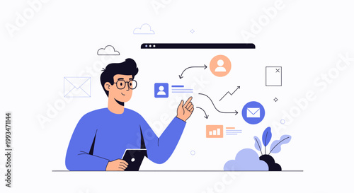 Man planning business strategy with digital tablet and flowchart on screen
