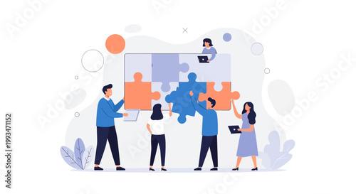 Teamwork assembling a large puzzle, business concept, collaboration, strategy, problem solving