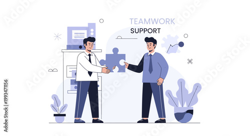 Teamwork and Support: Colleagues Connecting Puzzle Pieces for Business Success