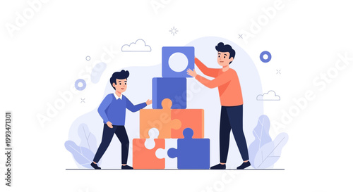 Teamwork Building Blocks: Two Men Assembling Puzzle Pieces for Success