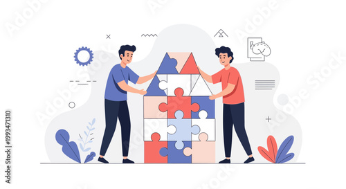 Teamwork building house puzzle, collaboration, success, strategy, partnership, business concept