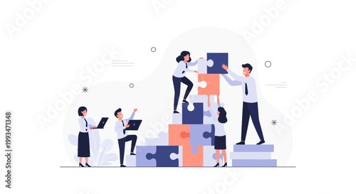 Teamwork building puzzle, business people collaborating to achieve success, strategy and growth