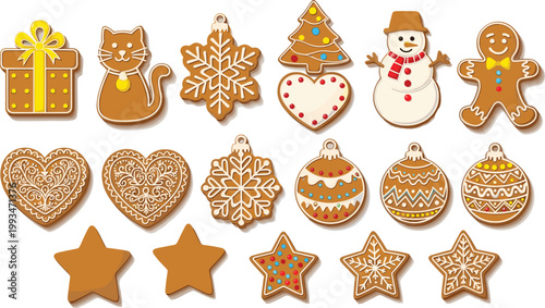 Christmas gingerbread cookies collection featuring snowman snowflake heart star tree cat ornament and gingerbread man flat style vector illustration set