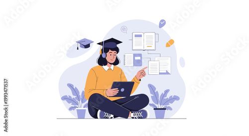 Student learning online with laptop, graduation cap, and digital books