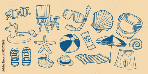 Hand Drawn Summer Beach Vacation Icon Set, Monochrome Doodle Elements for Holiday Travel and Tropical Leisure.