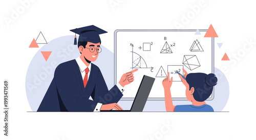 Teacher and student learning geometry online with laptop and whiteboard