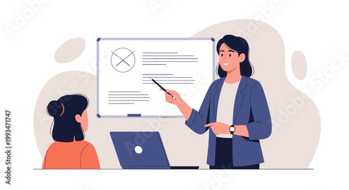 Teacher instructing student at whiteboard with laptop, business meeting, presentation