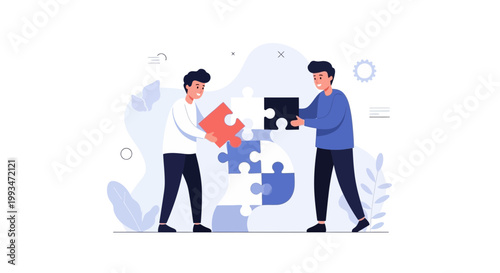 Teamwork concept: two men assembling puzzle pieces, collaboration and problem solving