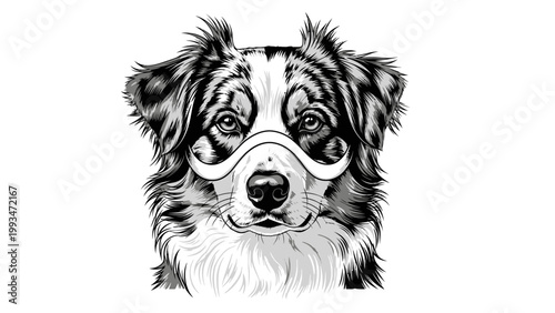 Funny Dog Portrait with Mustache and Mask, Black and White, Australian Shepherd