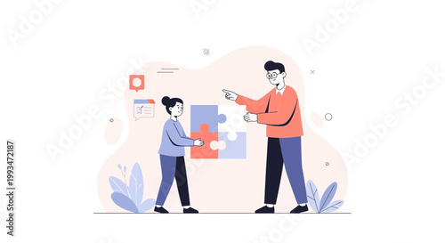 Teamwork concept: two people assembling a puzzle, collaboration and problem solving