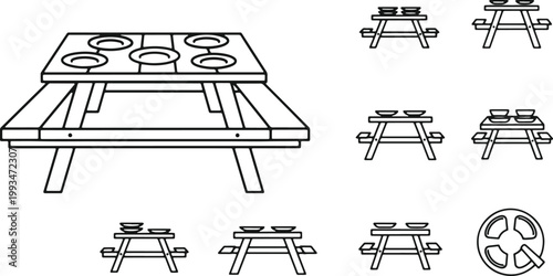 Picnic table with bowls and reel symbol outline vector illustration.
