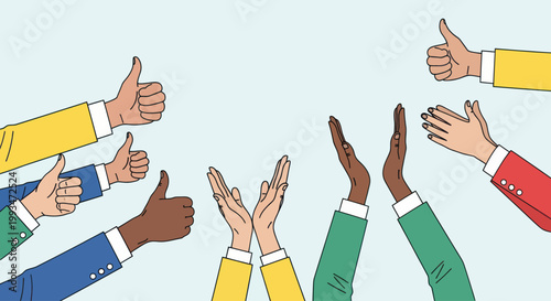 Diverse hands giving thumbs up gesture.