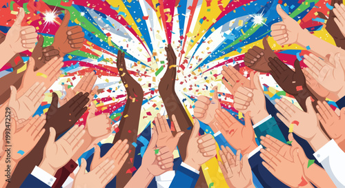 Diverse hands celebrating with confetti.