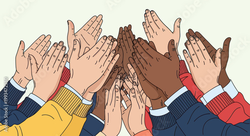 Diverse hands giving high fives together.