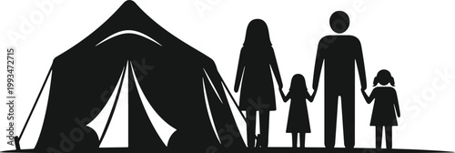 Family camping trip with tent and parents holding hands with two daughters outdoors.