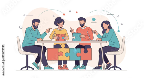 Teamwork puzzle collaboration, business people solving problems together at desk