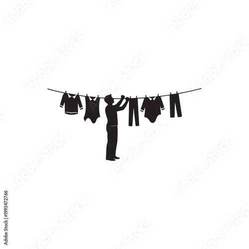Man hanging clothes on a line silhouette icon vector flat design.
