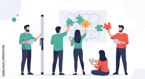 Teamwork puzzle collaboration, business people solving strategy, teamwork concept