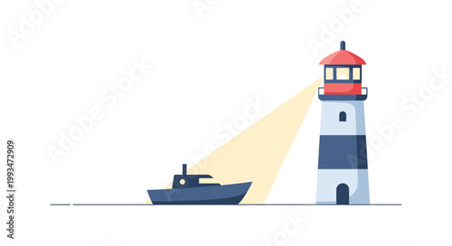 Lighthouse Beacon Shining Light on Navigating Ship at Sea
