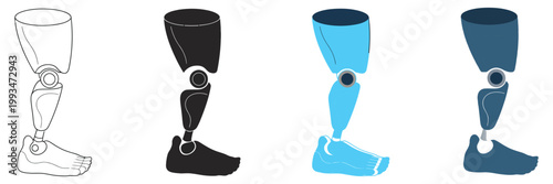 Prosthetic leg icon set, adaptive technology and physical accessibility symbols, medical rehabilitation and mobility aid concepts, clean modern vector illustration for inclusive design.