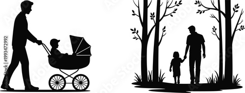 Father walking with child and pushing stroller in park silhouette family scene illustration