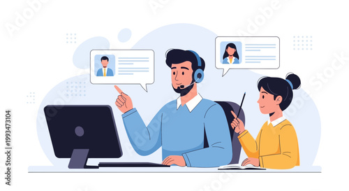 Teamwork in customer support: agents collaborating on a call center project with headsets