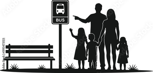 Family silhouette at bus stop with bench and sign waiting for transport.